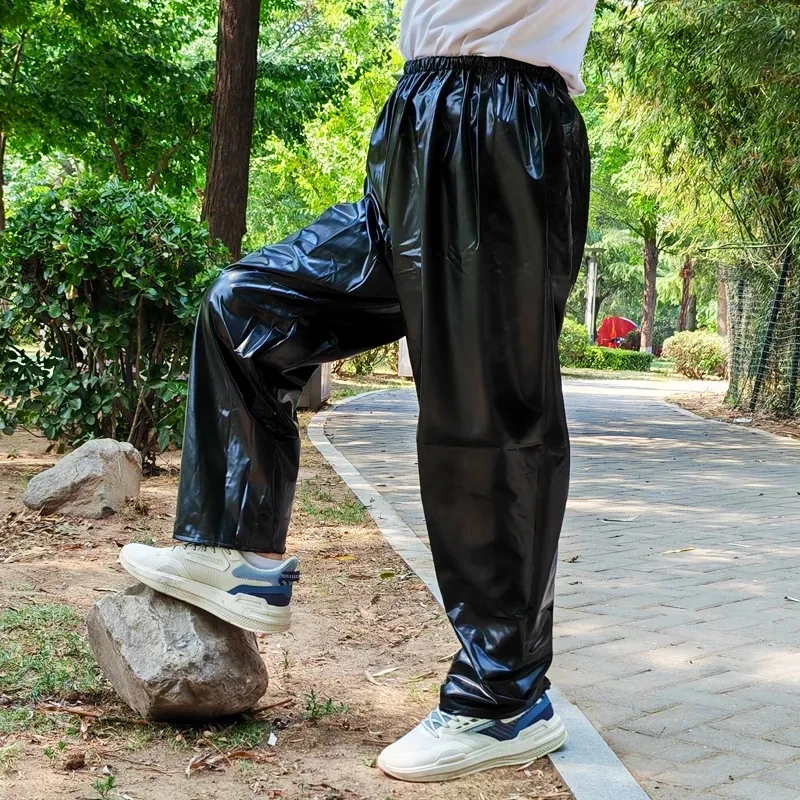 Men's Black Elastic PVC Fabric Pants Sturdy & Wear‑Resistant Waterproof & Rainproof For Outdoor Use