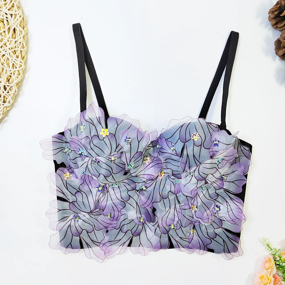 

Floral Bustier Top - Boned Corset Cami with Beaded Details, Unique Designer Women's Outerwear Blouse Lingerie Crop Top Underbust