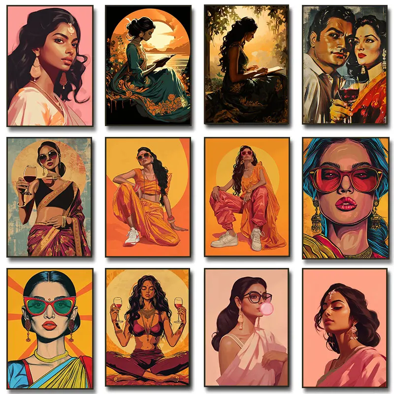 Indian Pop Art Wine Woman Punjabi Gujarati Saree Posters and Prints Canvas Painting Wall Art Picture Living Room Home Decor Gift