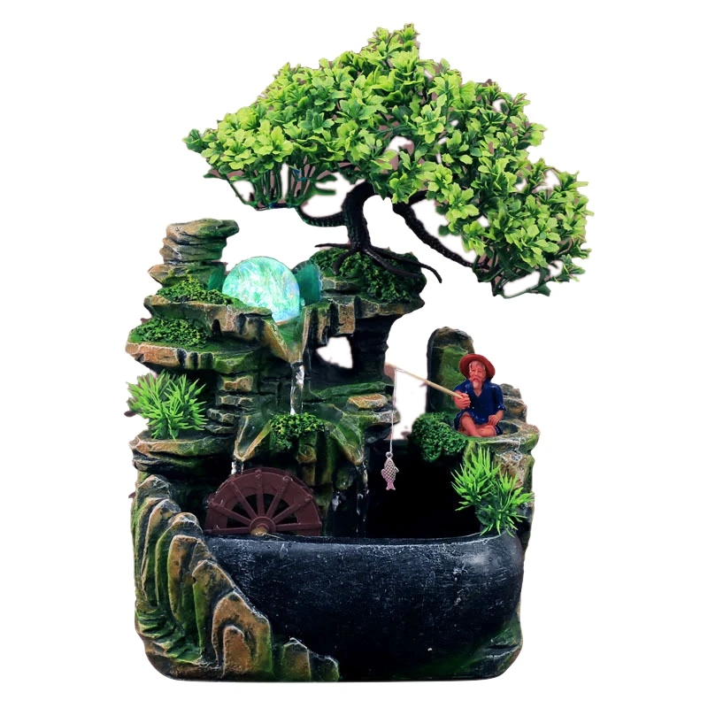 

Indoor Resin Rockery Waterfall Feng Shui Flowing Water Fountain Desktop Ornament Office Decor Without Atomizer EU Plug