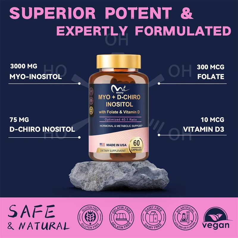 

Inositol Capsules, containing Vitamin D3, Folic Acid, 40:1 Inositol 3000mg, and D-Chiro Inositol 75mg complex, (Vitamin B8)