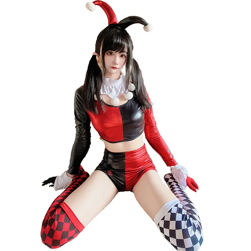 Sexy strakke Halloween-podiumclownkostuum Rood Bla Rolplang Outfit Grappig clownpak Etnisch toneelkostuum voor dames