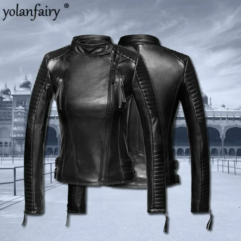 YOLANFAIRY Women Geniune Leather Jacket Sheepskin Leather Short Slim Motocycle Jackets Spring Autumn Jaqueta De Couro 1229 MF151