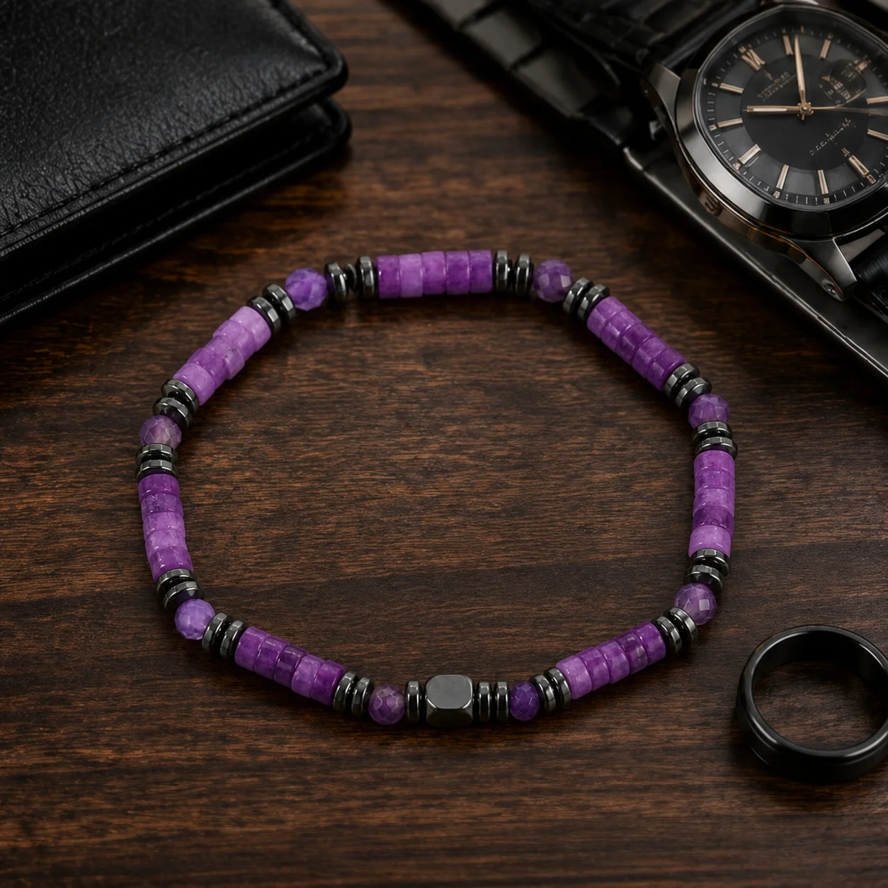 1pc Natural Semiprecious Stone Beaded Bracelet Brown Black Round Beads Magnetic Clasp Unisex Minimalist Wrist Jewelry