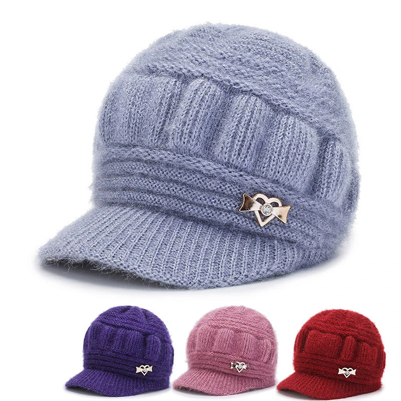 1Pc Winter Visor Hats For Woman Thicker Short Brim Knitted Cap Girls Autumn Metal Embellish Solid Hat Warmer Bonnet Casual Cap