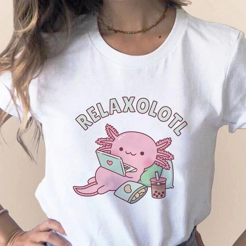 Axolotl Relaxolotl Kawaii Cute Pattern Funny Print T-Shirt Fashion Women Cotton O-neck T-shirt Loose Y2K Short Sleeve Top