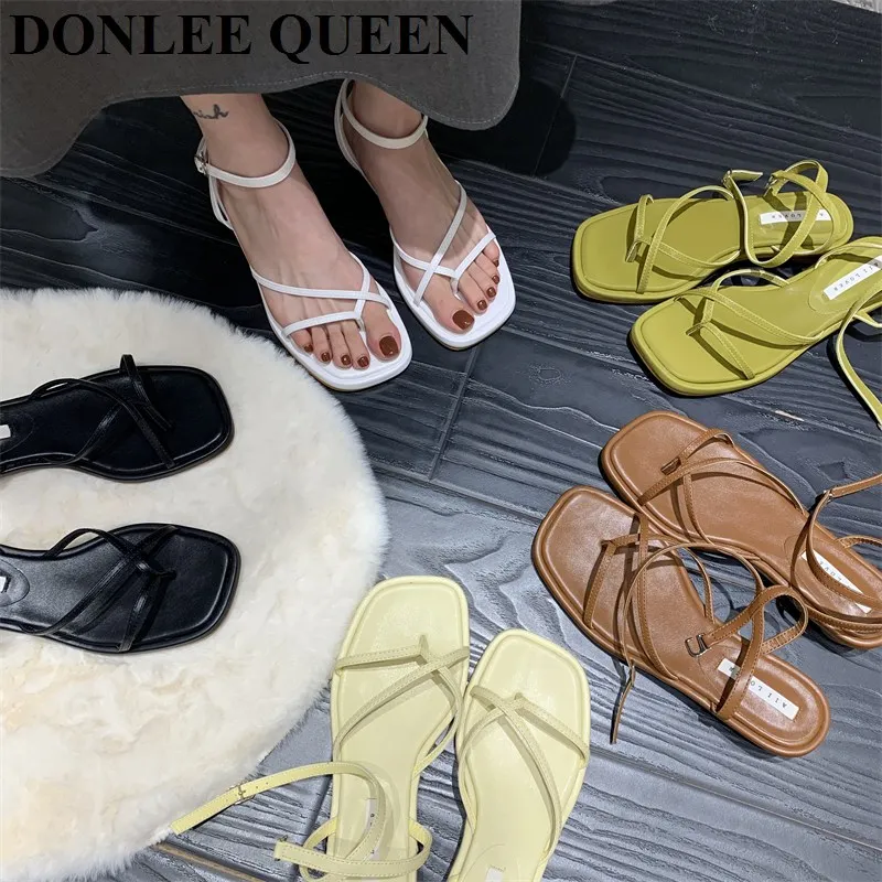 2023 New Summer Women Sandals Fashion Square Toe Flat Heel Ankle Strap Shoes Narrow Band Casual Slides Green Sliver Female Mujer