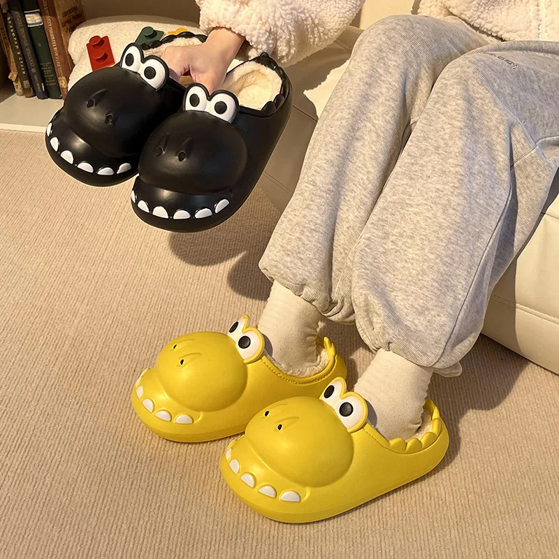 Wrap Heel Dinosaur Cotton Home Slippers Women 2022 Winter Warm Thick Sole Indoor Household Plush Slipper Man Funny Animal Shoes