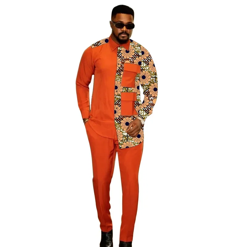 Fashion Light Orange Shirts+Trousers Mens Party Suit African Print Male Casual Outfits 2 Pieces Wedding Costume