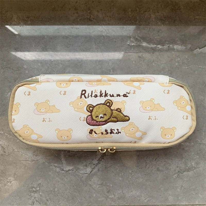 Rilakkuma Pencil Case Cartoon Bear Embroidered Leather Pencil Pouch Pen Bag Kawaii Cute School Pencil Cases for Kids Girls