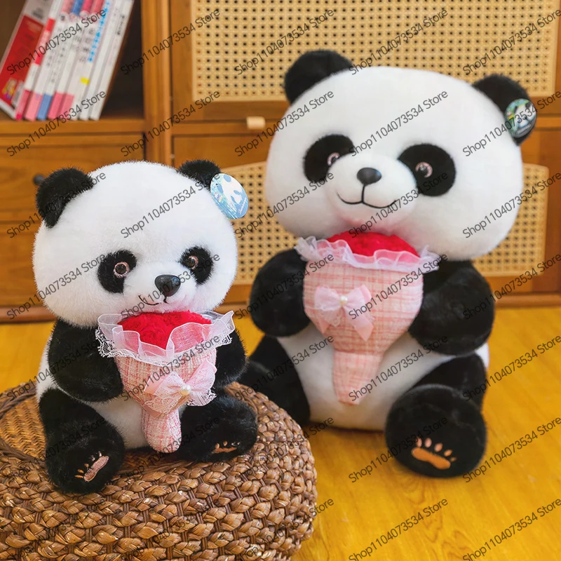 

Милая плюшевая игрушка-панда с букетом цветов для любителей аниме, подарок на день рождения для детей, мягкая игрушка-панда