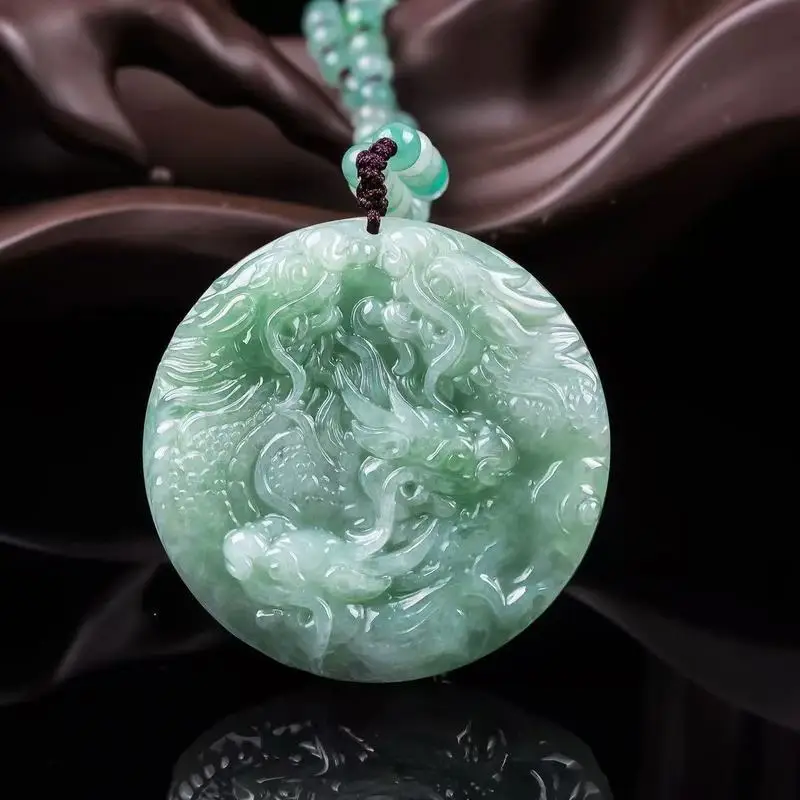 Grade A Jadeite Kowloon for Men and Women, Round Dragon Pendant with Double-Sided Carving, Live-Streamed Necklace, Sweat