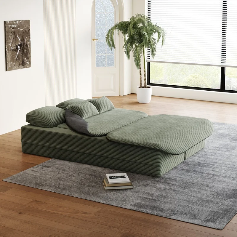 Foldable 2-in-1 Sofa Bed with Foam Cushion and Multi-Functional Blanket, Corduroy Floor Sofa for Living Room, Bedroom, or Studio