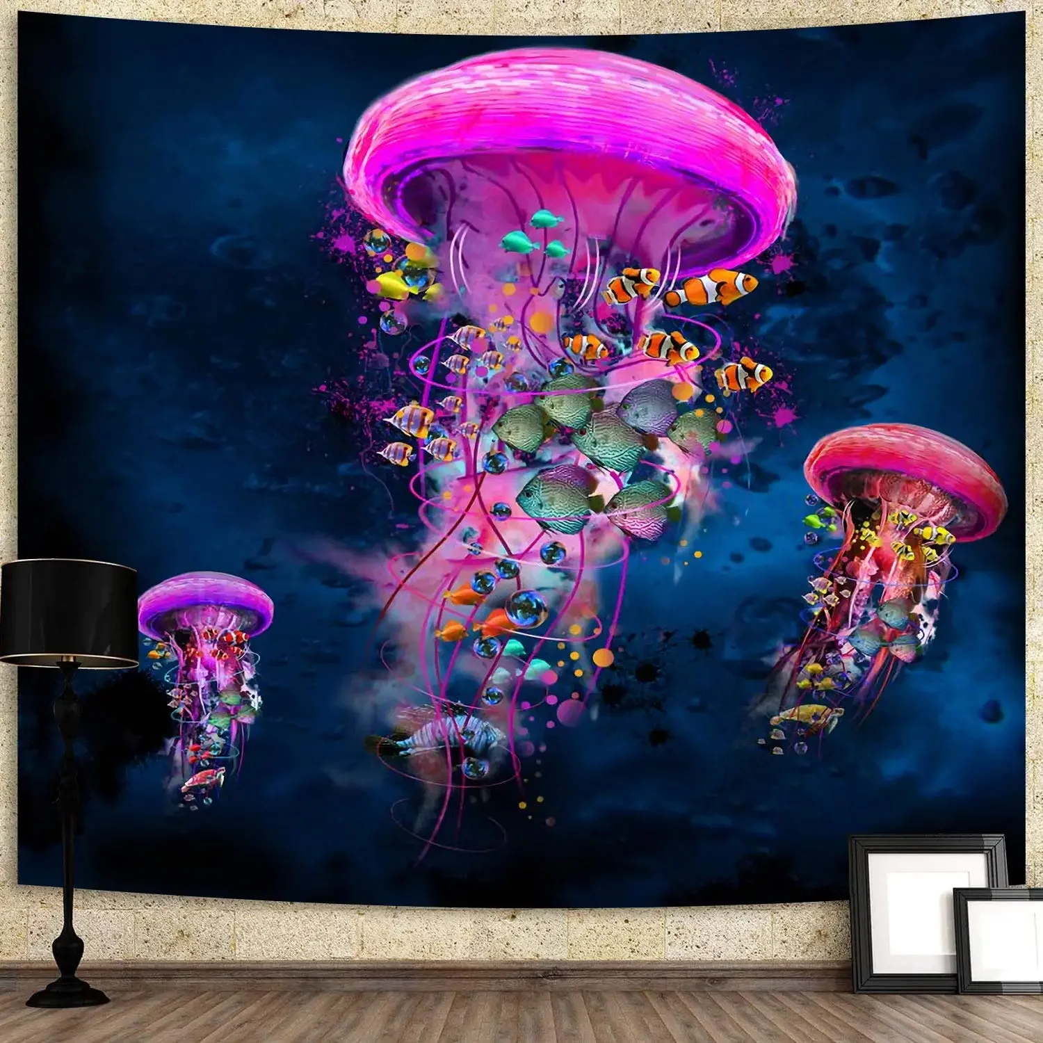 Jellyfish Tapestry Psychedelic Blue Ocean Animals Fishes Trippy Wall Hanging Tapestry Home Decor for Bedroom Living Room Dorm