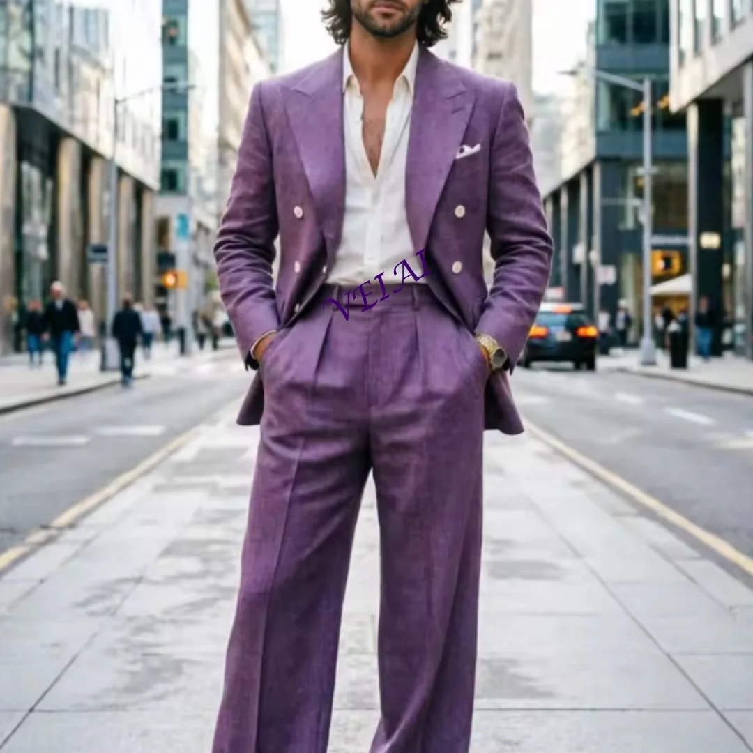 Light Blue Linen Double Breasted 2 Piece Wedding Suit Slim Fit Gold Buttons Blazer Pants Set Customized Relaxed Tailoring