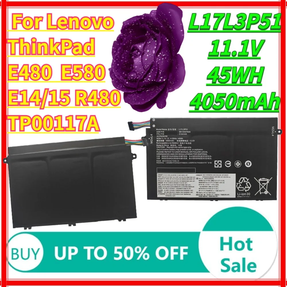 

Battery For Lenovo ThinkPad E480 E485 E490 E495 E580 E585 E590 E595 E14/E15 Gen 1 R480 R490 01AV445 L17M3P52 4050mAh L17L3P51