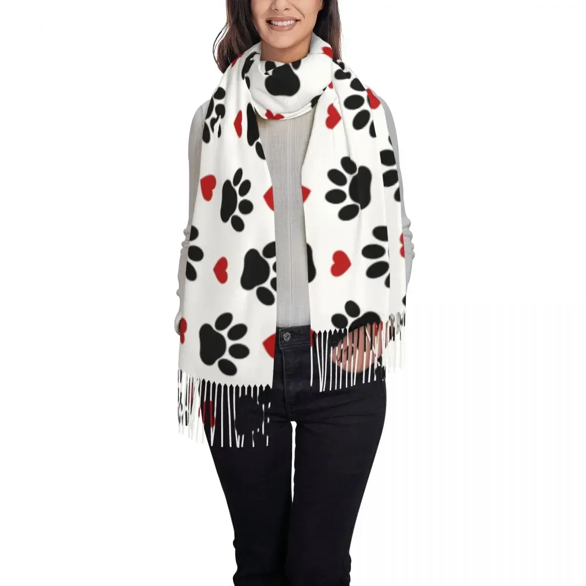 Fashion Pattern Of Dog Paw Tassel Scarf Women Winter Warm Shawl Wrap Female Black Paws Red Hearts Scarves