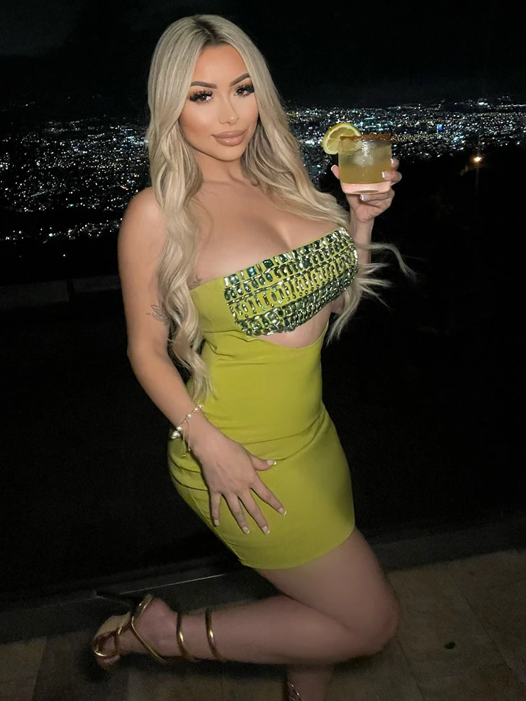 Women 2025 Sexy Green Strapless Cut-Out Bodycon Bandage Mini Dress with Embellished Bodice Luxury Birthday Party Gown