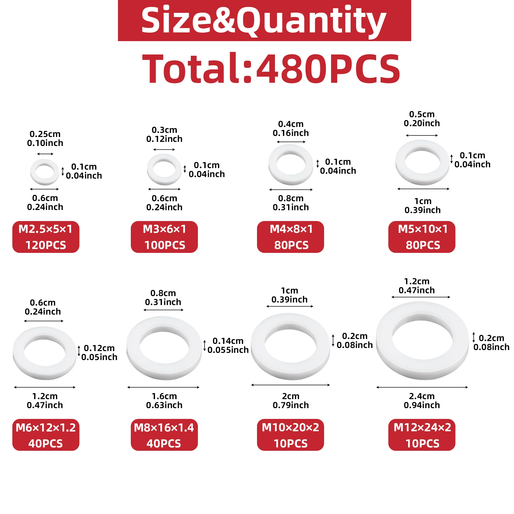AIMUNOK 480PCS 8-Size White Nylon Flat Washers Set – Premium, Multi-Purpose for Home, Electric, Machinery & Vehicles!