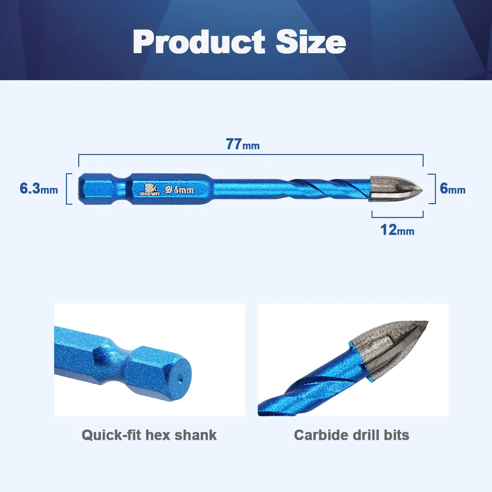 BRSCHNITT  10PCS/SET 6mm Drill Bit Set Quick-fit Hex Shank Carbide Tipped Hole Saw Woodworking For Plastic Masonry Ceramic Tile