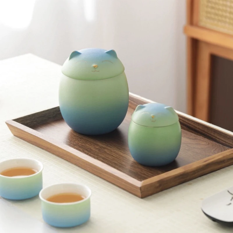 Fortune Cat Tea Canister Handmade Ceramic Gradient Color Tea Canister Sealing Jar Home Moisture Small Tea Warehouse