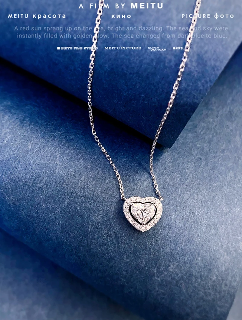 LUOWEND 100% 18K White Gold Necklace Romantic Heart Design Real Natural Diamond Pendant Necklace for Women High Wedding Jewelry