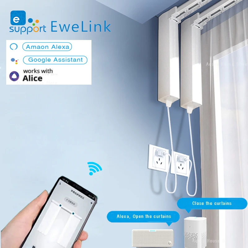 Ewelink-Moteur de rideau intelligent électrique wifi, avec assistance vocale, compatible avec Yandex Alice, Alexa et Google Assist