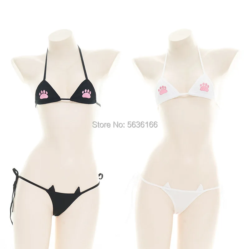 Sexy Bikini Small Cups SexyCute cat paw print Underwear suits Fit Wide Range of Sizes Cotton Black White Micro Lingerie