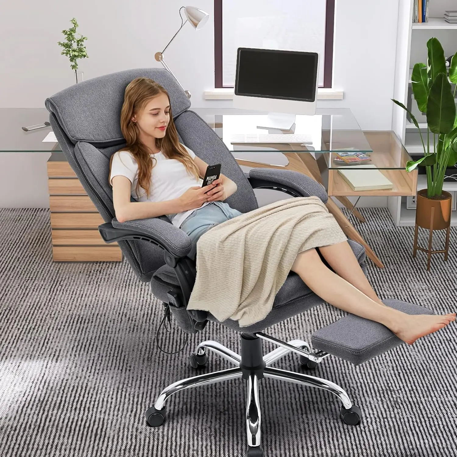 Reclining Office Chair w/Massage, Ergonomic Office Chair w/Foot Rest, Breathable Fabric Executive Computer Chair w/Retractable