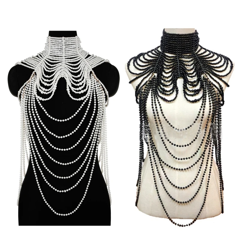 

Women Layered Faux Pearl Bib Necklace Collar Beads Tassel Jewelry Shoulder Chain