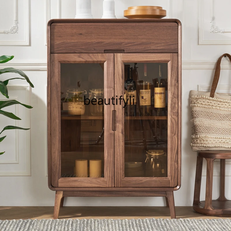 

Black Walnut Wooden Liquor Cabinet Living Room Multi-Purpose Display Cabinet Made of Glass Dining Room Locker Sideboard Cabinet