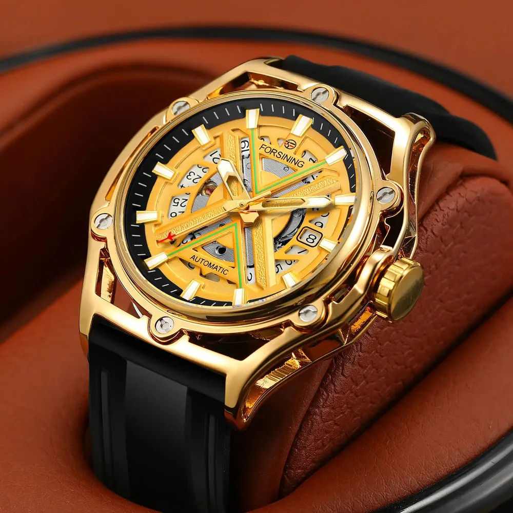 

FORSINING Automatic Movement Mechanical Watches for Men Sports Fashion Calendar Hollow Out Gold Dial Silicone Strap Mens Watch