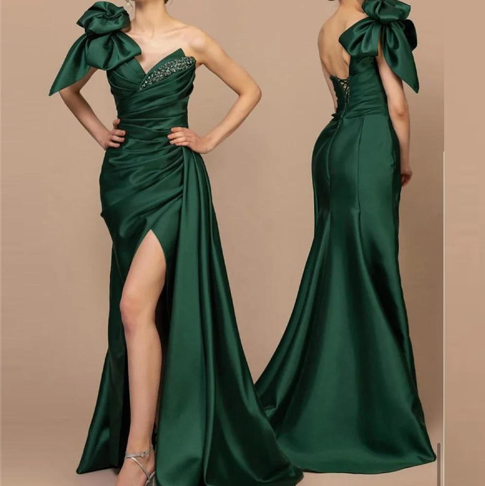 

High Quality Bow Crystal Sweetheart Floor Length Side Slit A-Line Evening Dress Satin Lace Up Back Ruched Vestido De Festa