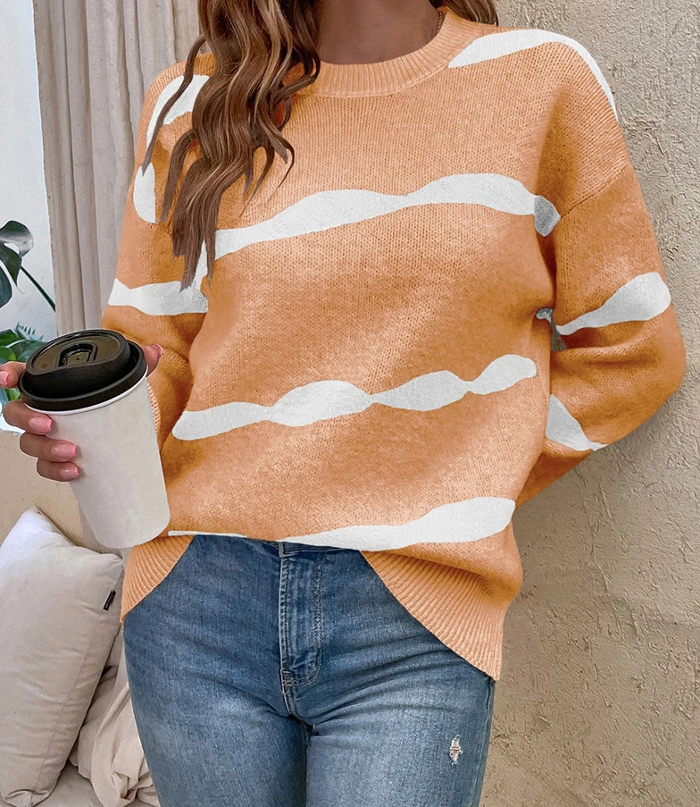 

Fashionable Autumn Winter Sweater Casual Retro Knit Sweater Pullover Round Neck Contrasting Striped Sweater for Women