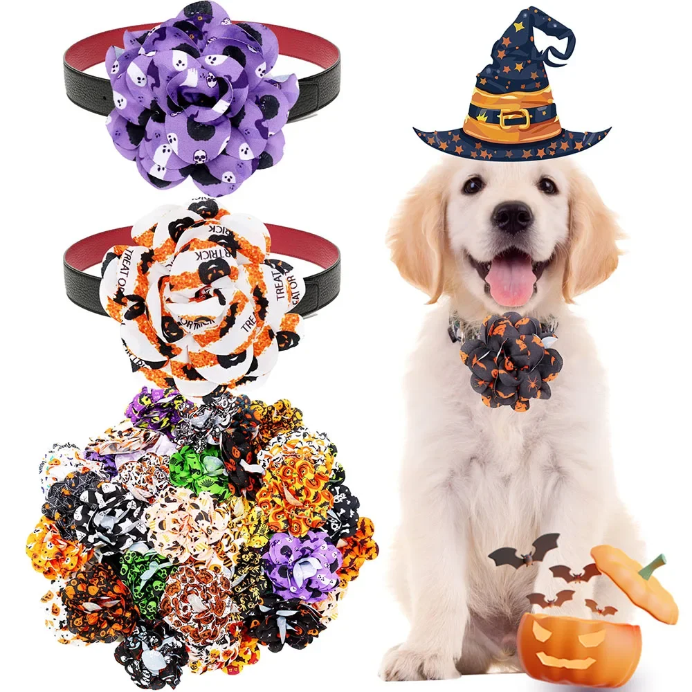 50 pezzi di papillon per cani rimovibili per accessori per collare per animali domestici di Halloween cravatte per papillon per cani con teschio per