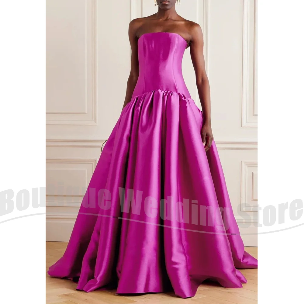 

Glamorous Strapless Satin Evening Dresses Fashion Floor Length A-Line Gowns with Pleated Chic Sleeveless Prom Party Dresses