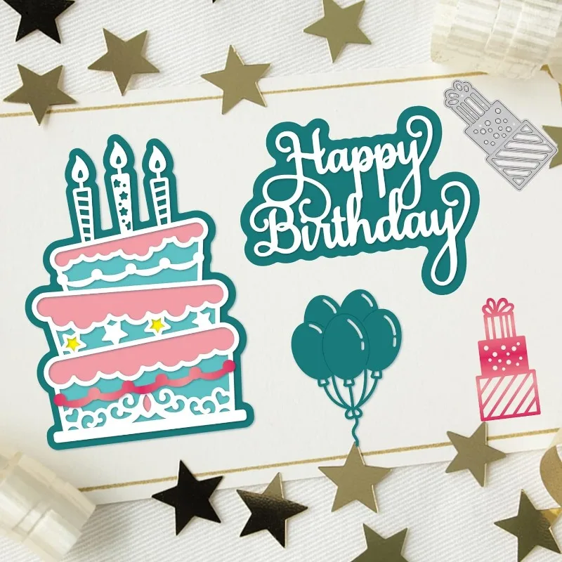 2szt Happy Birthday Theme Die Cuts Cake Balloon Hat Metal Embossing Stencil for Holiday Card Making Decoration and DIY