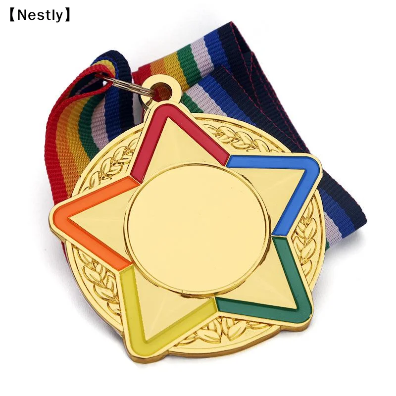 1Pcs Five Star Colour Medal With Color Ribbon Gold Silver Copper Color Medal For Various Competitions Souvenir Blank 〔Nest〕