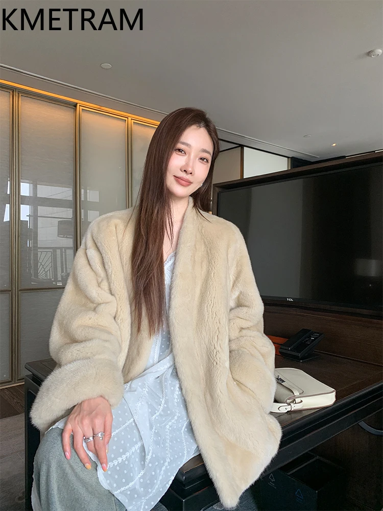 100% Mink Fur Jacketผู้หญิงหรูหราVคอขนสัตว์จริงคุณภาพสูงฤดูหนาวเสื้อผ้าผู้หญิงFurryแจ็คเก็ต 2025ба