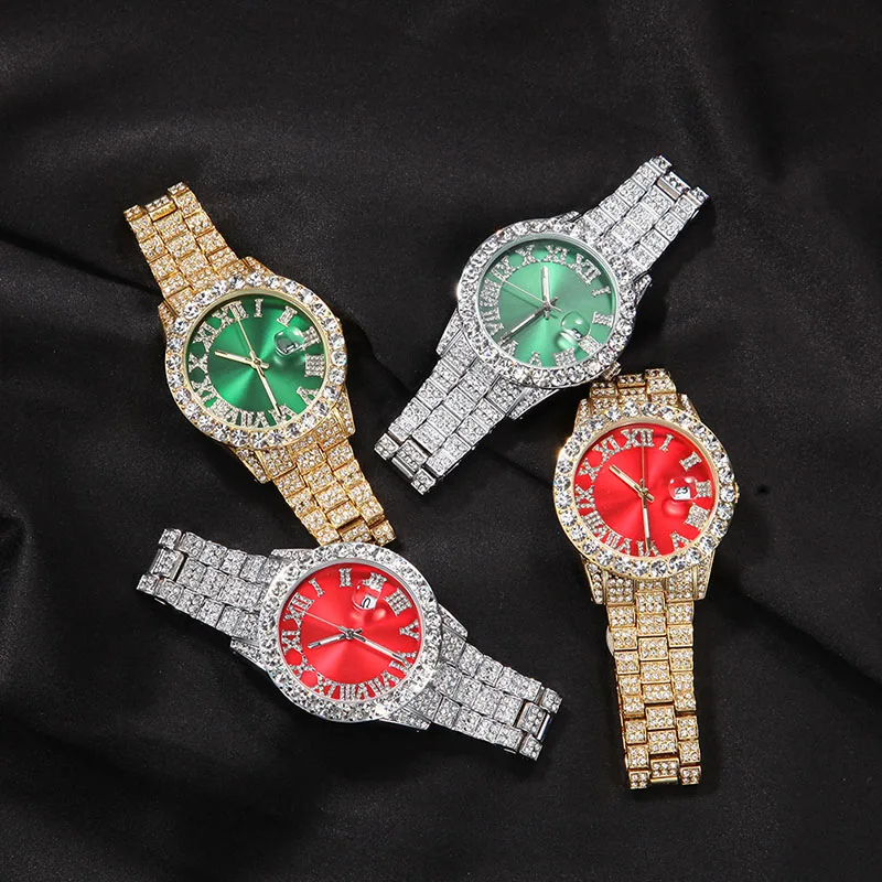 Hip Hop Mens Date Quartz Watch Waterproof Watches CZ Stone Paved Bling Iced Out Stainless Steel Watch for Men Charm Jewelry