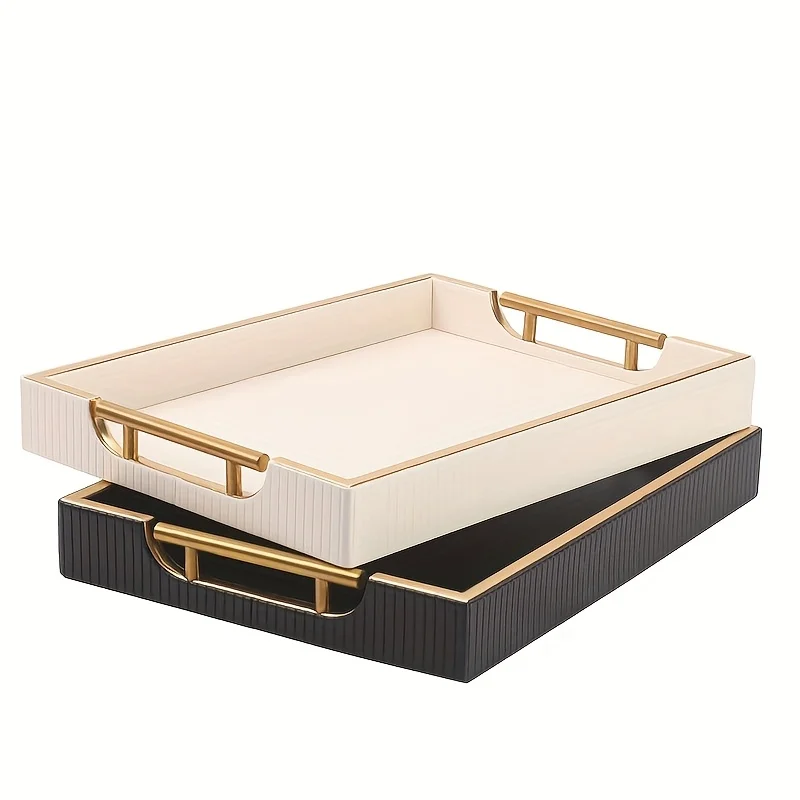 Wooden Decorative Tray with Faux Leather Handles, Striped & Gold Accent Serving Tray for Coffee Table, Hotel Room Organizer