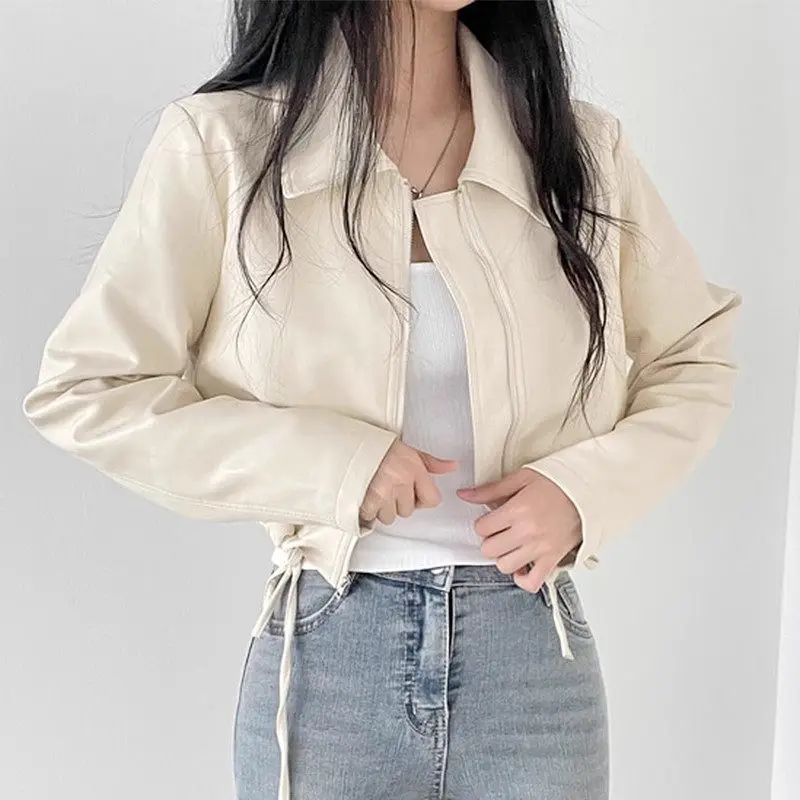 Korean Short Women's Jacket Early Autumn French Style Lapel Drawstring Solid Color Zippered Long Sleeved Leather Coat Z2440