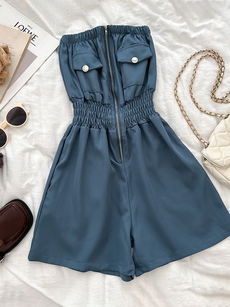 

Women Solid Color Playsuits Fashion All-Match Zipper Pocket Design Strapless Romper Summer High Waist Slim Wide Leg Shorts