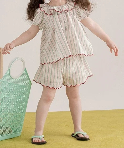 

Girls' Set 2025 Summer New Product Children's Clothing Sweet Striped Ruffle Home Clothes Two Piece Set