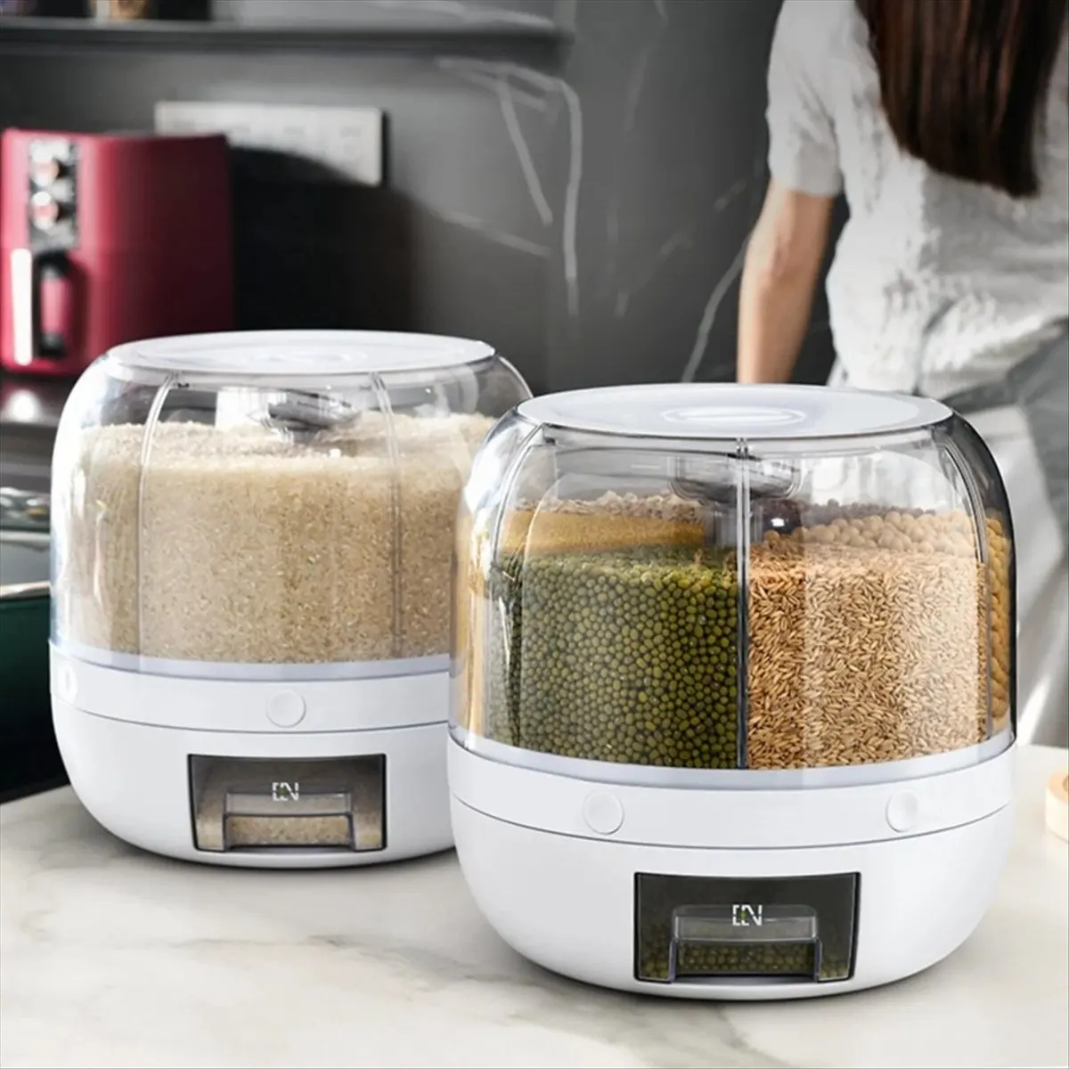 ABZF 2026 360° Rotating Grain Dispenser Grain Storage Box Transparent Sealed Jar Circular Kitchen Rice