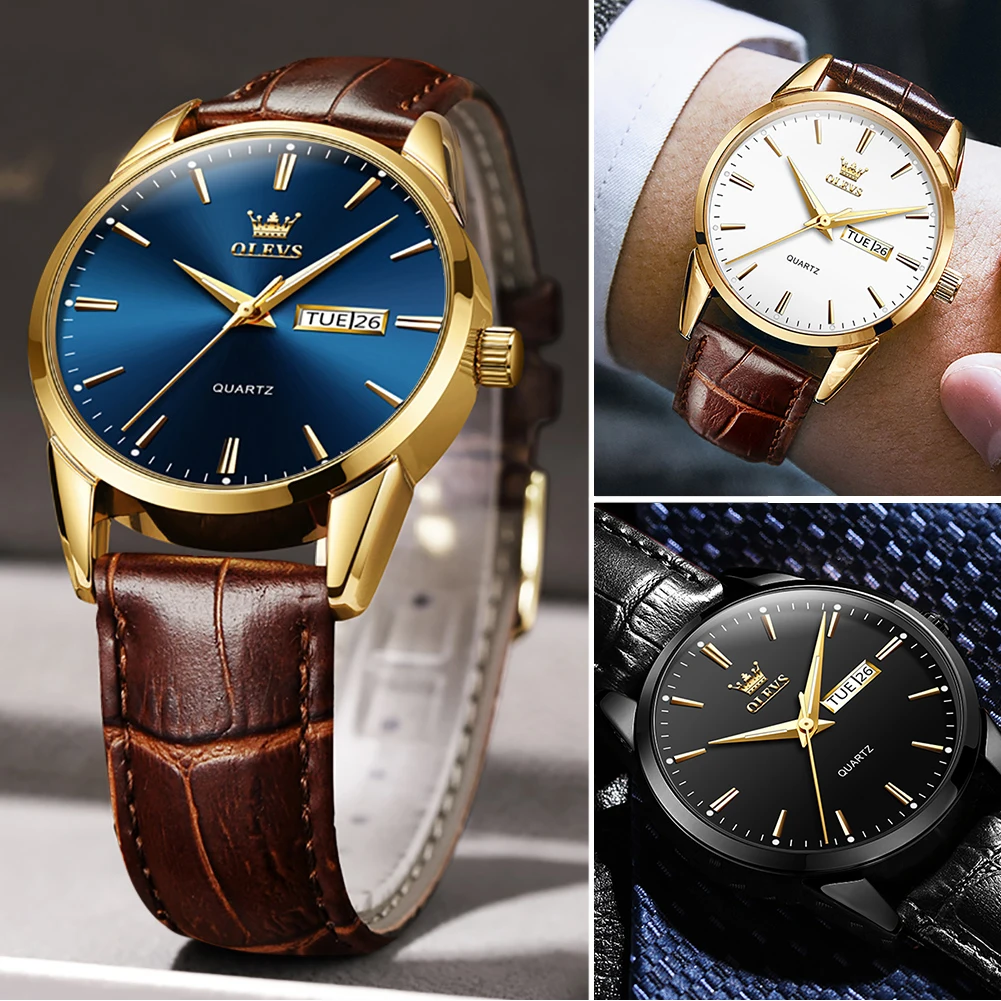 OLVES Top Brand Men\'s Watches Original Simple Blue Face Quartz Wristwatch for Man Waterproof Leather Strap Business Watch Casual