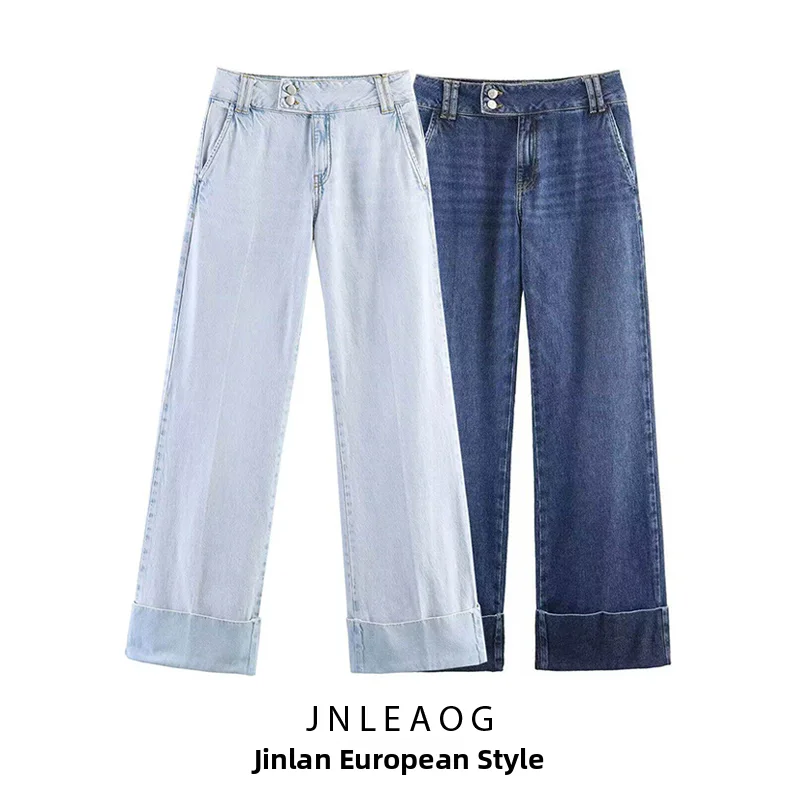 

Low Waist Straight Leg Jeans Women's Fashionable Summer New Style Turn up Hemline Casual Pants Polyester Fabric Ladies' Jeans