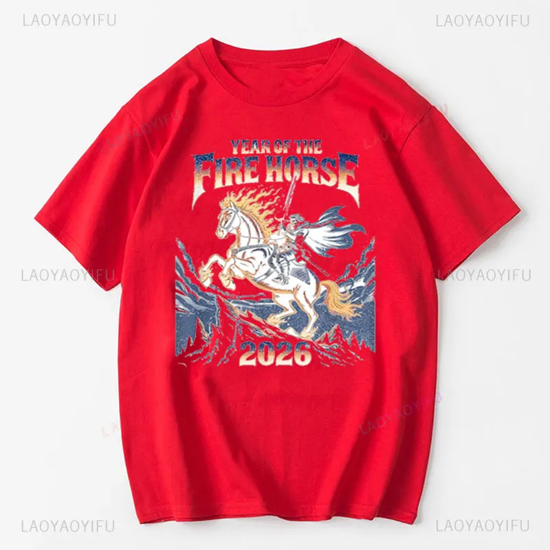 

Chinesse New Year Clothes Year of The Horse 2026 Happy New Year Graphic T Shirts 100%cotton Family Party Clothing Unisex Tops