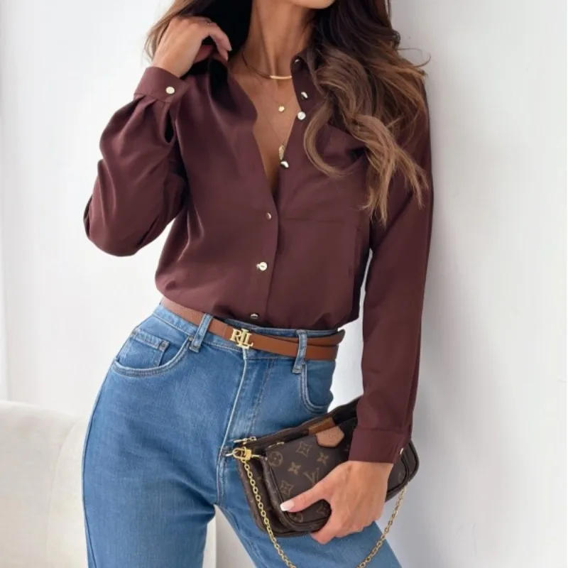 Spring and Autumn Women's Polo Collar Solid Button Long Sleeve Single Breasted Shirt Cardigan Coat Elegant Fashion Casual Tops