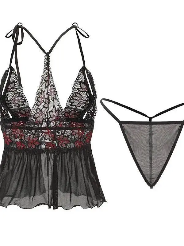 ملابس داخلية مثيرة شبكية منخفضة القطع برباط علوي ملابس داخلية شفافة بدون ظهر عميق على شكل حرف V بدون أكمام ملابس داخلية ساحرة V8OC